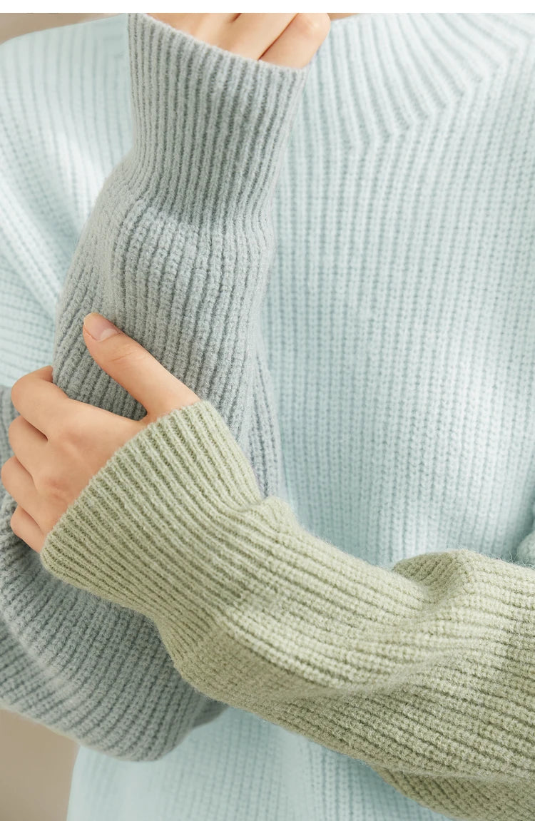 AMII Pullover Damen, gerippter Rundhals, pastellblau, lange Ärmel, Strickware