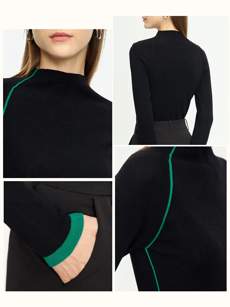 Schwarzer Strickpullover mit grüner Paspel an Kanten, Bündchen und Nahtlinien