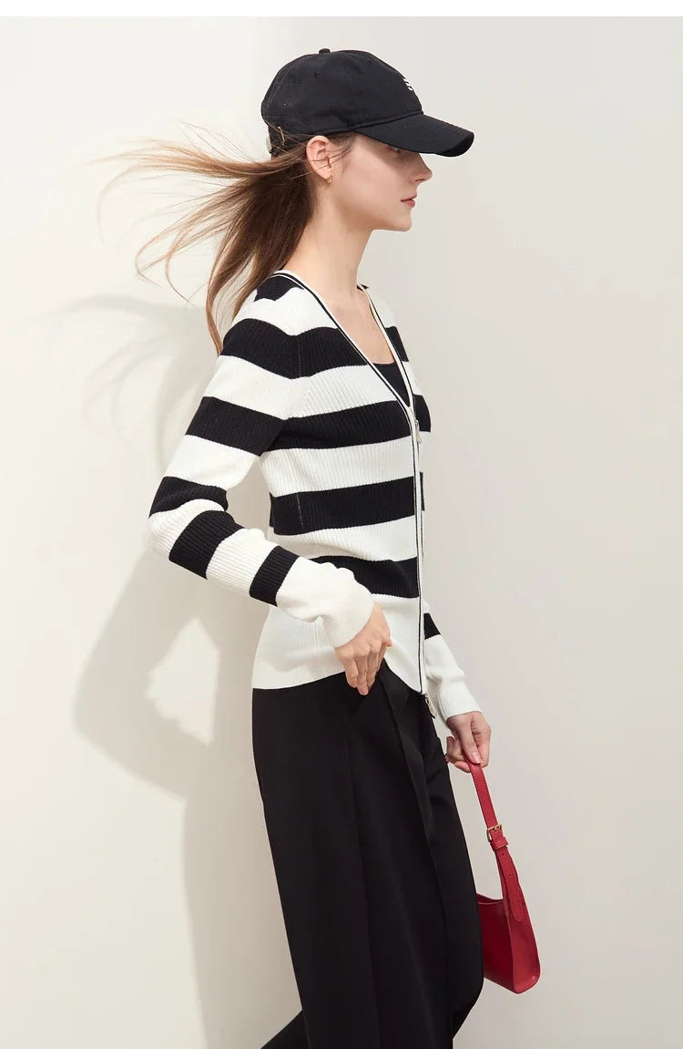 Damen-Strickjacke Kaschmir-Wolle Slim Streifen Reißverschluss Herbst