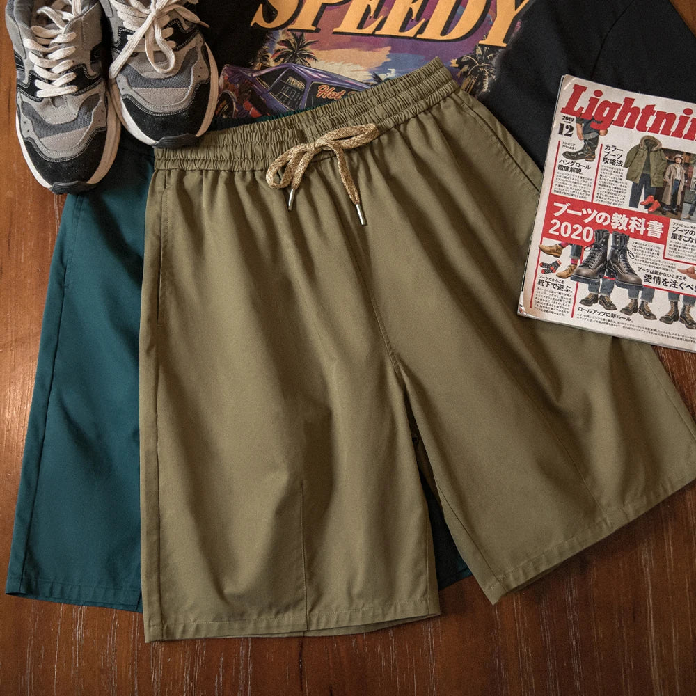 Herren Vintage Shorts in Khaki mit geradem Bein und Kordelzug