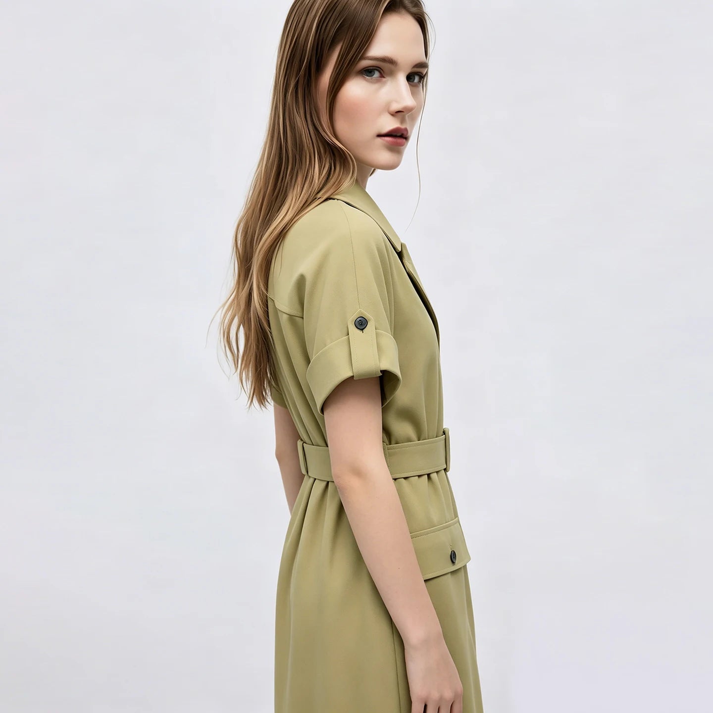 Knitterfreies Elegantes Damenkleid Mit Gurt Für Bürodamen