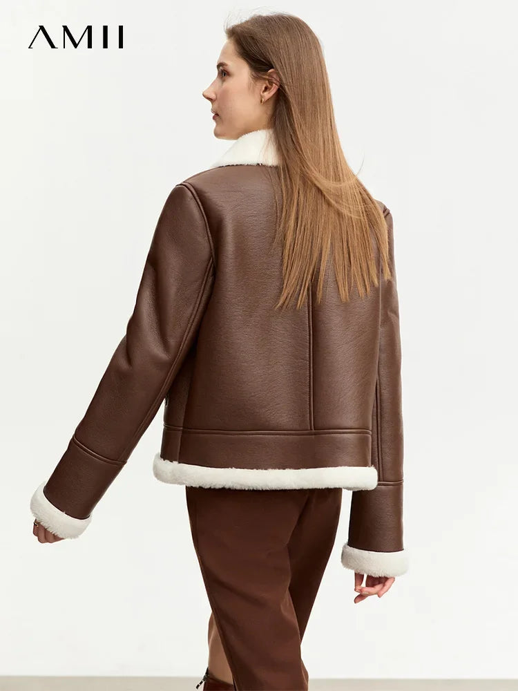 Damen Winterjacke aus PU mit Taschen im französischen Vintage-Stil