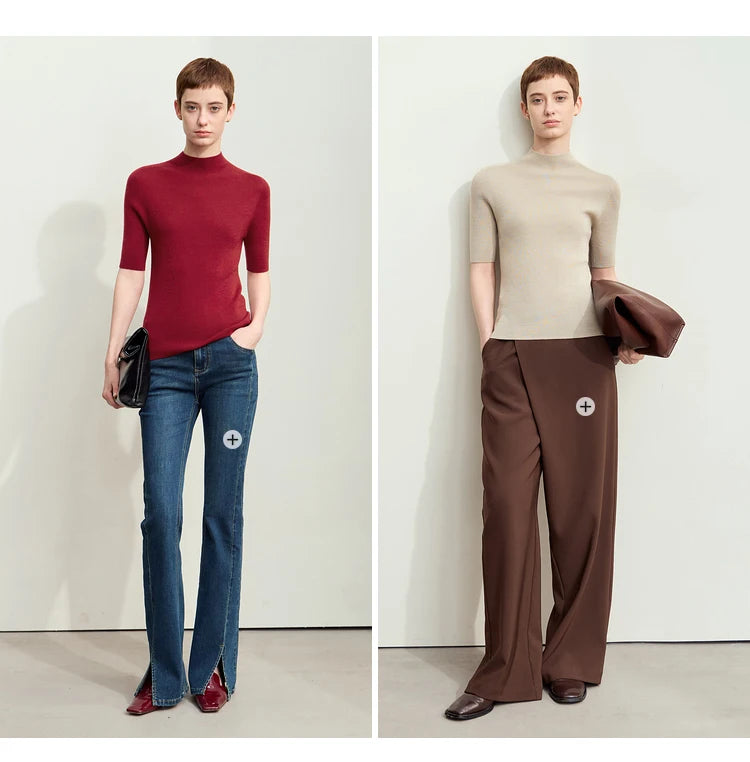 Damenpullover mit halbem Rollkragen, dunkelroter Feinstrick, kurze Ärmel