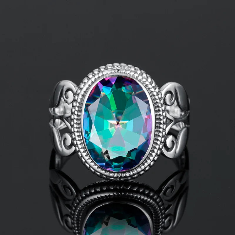 Damen-Ring Aus Sterling Silber Mit Ovaler Rainbow Fire Mystic Topaz Stein 10x16mm Goldtone Schmuck