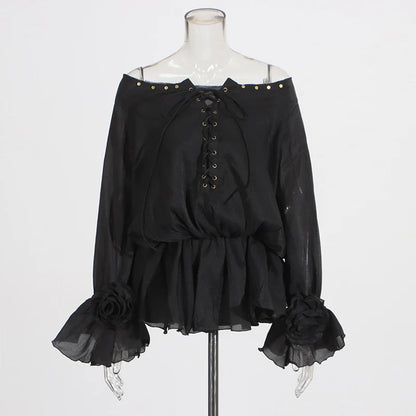 Elegantes Damen-Zweiteiler-Set mit langärmligem Oberteil und hohem Taillenbund – verziert mit Diamantdetails und Schlitzhose