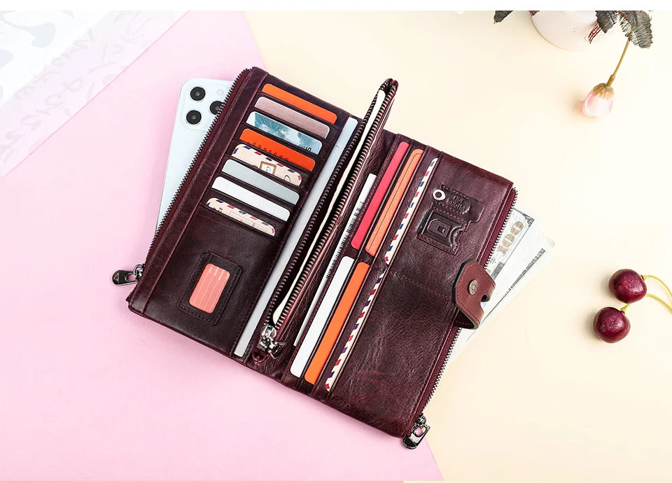 Damen Echtleder Lange Geldbörse Vintage Clutch Reißverschluss Handytasche Kartenhalter