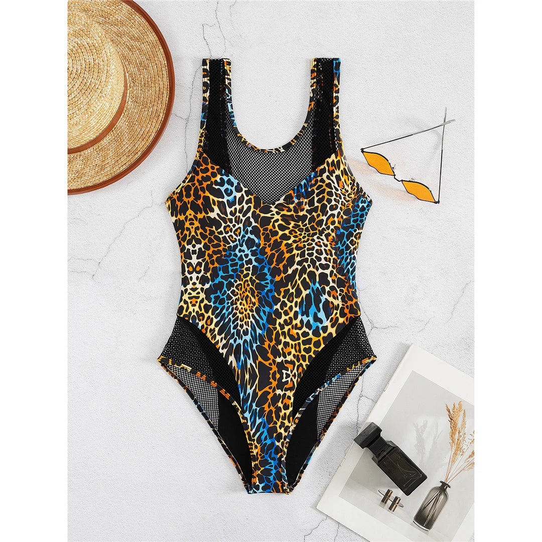 Damen-Badeanzug Fischnetz rückenfrei High-Leg 12 Farben Monokini