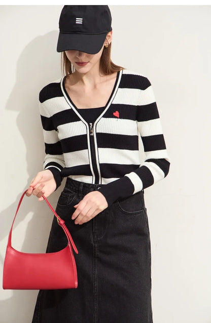 Damen-Strickjacke Kaschmir-Wolle Slim Streifen Reißverschluss Herbst
