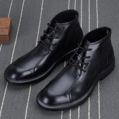 Men's Lace Up High Top Boots Soft Soled Soft Leather Breathable Durable Men's Leather Booties Cowhide Black Leather Men Shoes