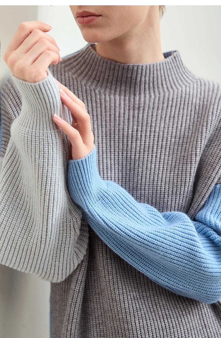 Rollkragenpullover mit Rippenstrick, zweifarbig grau und hellblau, lange Ärmel