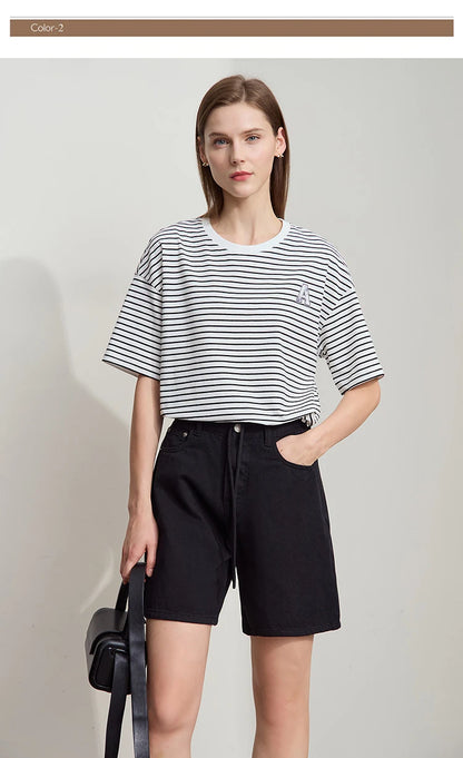 Damen T-Shirt aus reiner Baumwolle mit lässigem Streifenmuster und kurzen Ärmeln