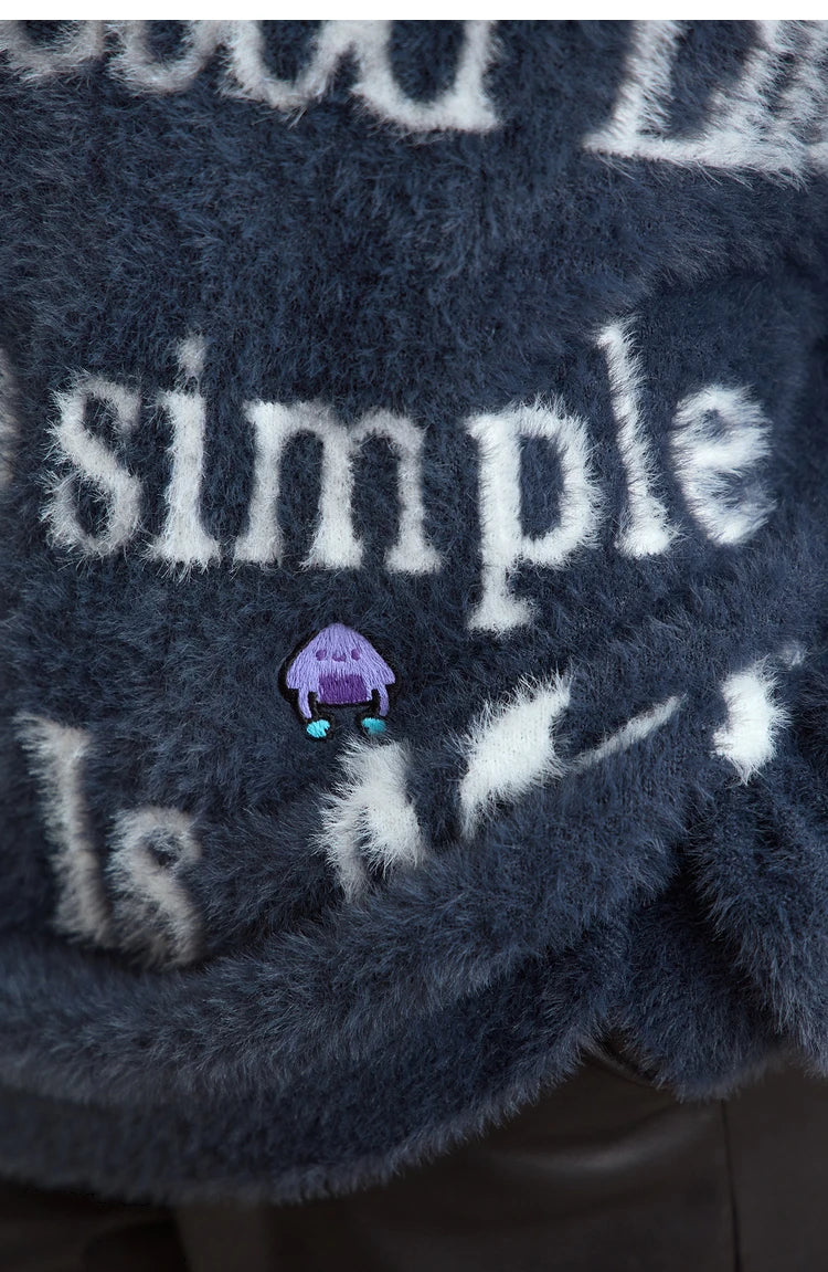 Dunkelgrauer Damenpullover mit Schriftzug und Motiv-Patches, O-Ausschnitt