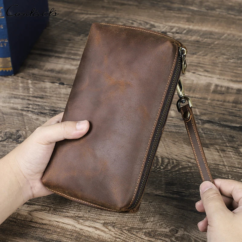 Braune Herren-Leder-Clutch mit Reißverschluss und kurzem Schulterriemen