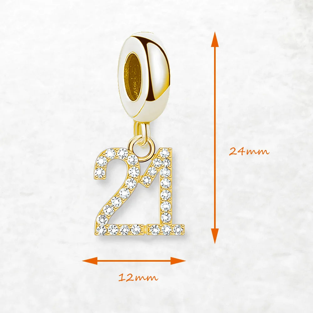 Glückszahl-21 Charm-Anhänger, vergoldet, Größe 12 mm, 24 mm (Abmessungen)