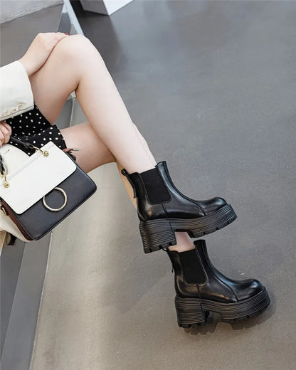 Damen-Chelsea-Boots aus Leder, schwarz, mit Plateau und Blockabsatz