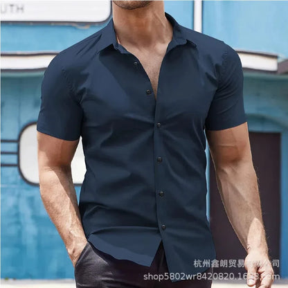 Lässiges Herren-Cardigan-Hemd mit kurzen Ärmeln und Reverskragen in Unifarbe – ideal für den Sommer.