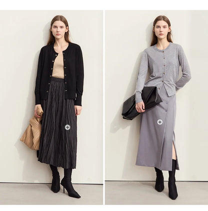 Damen-Strickjacke Rundhals Wolle Metallknopf dünn Büro Herbst