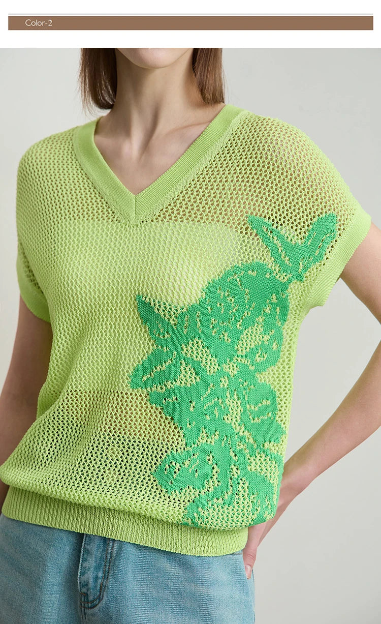 Damen V-Ausschnitt Pullover Viskose Kurzarm Aushöhlung Sommer