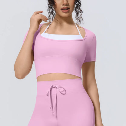 Damen Sport-T-Shirt, rosa mit U-Ausschnitt vorn und weißem Kontrastband am Hals