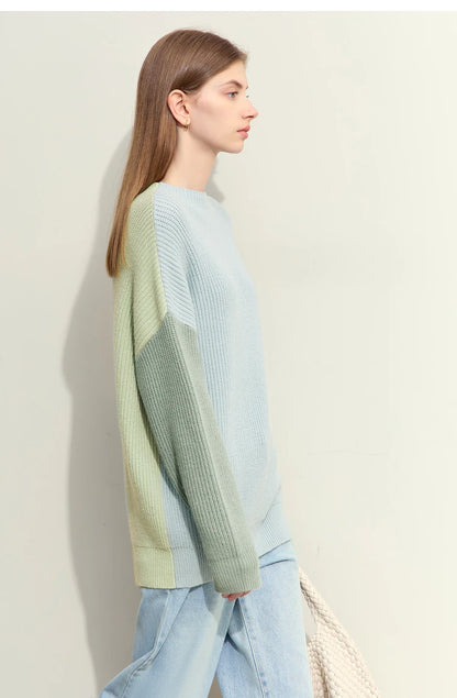 Rollkragenpullover mit langen Ärmeln im Pastell-Patchwork, hellblau und hellgrün