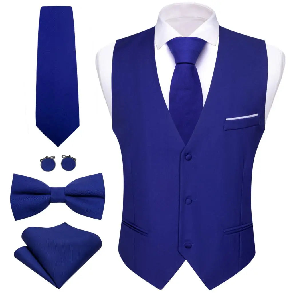 Dunkelblaue Satin-Weste für Herren mit V-Ausschnitt, Knopfleiste und Brusttaschenfach