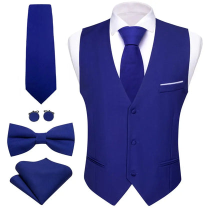 Dunkelblaue Satin-Weste für Herren mit V-Ausschnitt, Knopfleiste und Brusttaschenfach