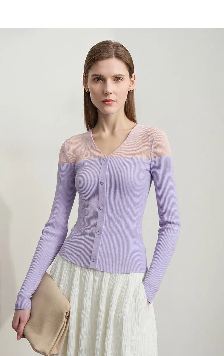 Damen V-Ausschnitt Pullover Viskose Mesh Organza Slim Frühling