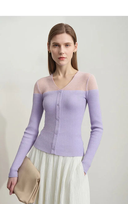 Damen V-Ausschnitt Pullover Viskose Mesh Organza Slim Frühling