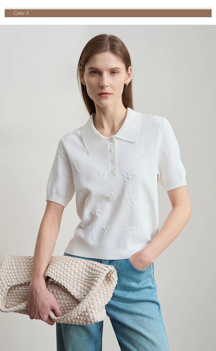 Damen-Strickpullover mit kurzem Ärmel, weißem Polo-Kragen und Knopfleiste, bestickt