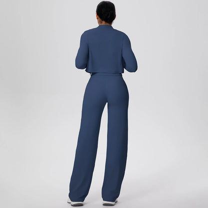 Sport-Set mit kurzem Langarm-Jäckchen und hoher Taille, weite Hose, navy