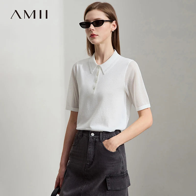 Damen-Shortsleeve-Strickpullover mit Umlegekragen und Knopfleiste, weiß/cremefarben