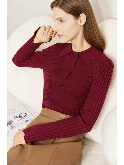 Damen-Strickjacke Polokragen Slim doppelreihig Wolle-Mix Frühling-Herbst