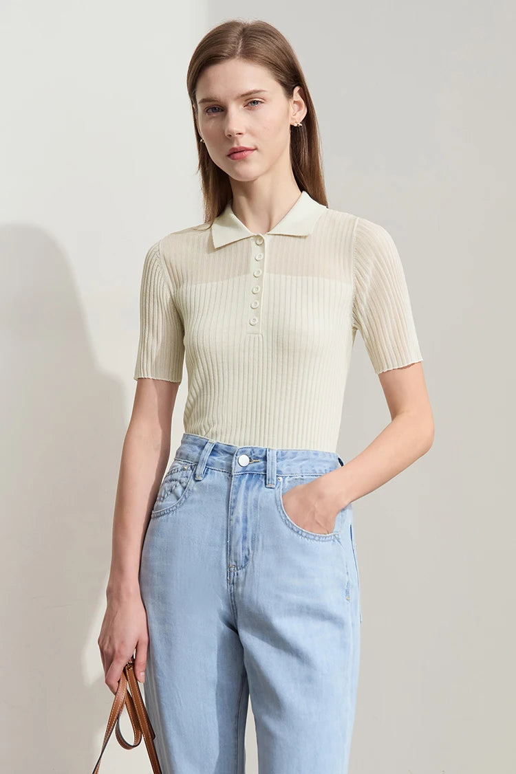 Damen Strickoberteil mit Revers und halber Knopfleiste für den Sommer