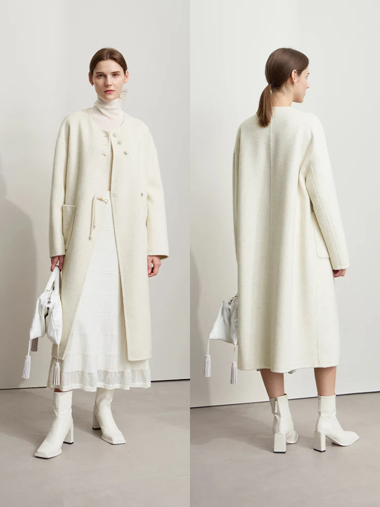 Damen Doppelseitiger Wollmantel im minimalistischen neokinesischen Stil mit Rundhalsausschnitt