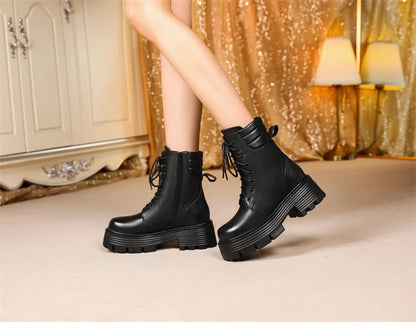 Schwarze Damen-Ankle-Boots mit Schnürung und Plateau-Sohle, dickem Absatz