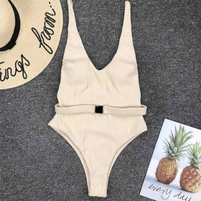 Damen-Badeanzug gerippt High-Cut Gürtel Monokini 6 Farben