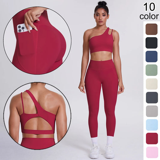 Damen-Sportset in Rot: Sport-Top mit Racerback und Leggings, Naht-Details vorn