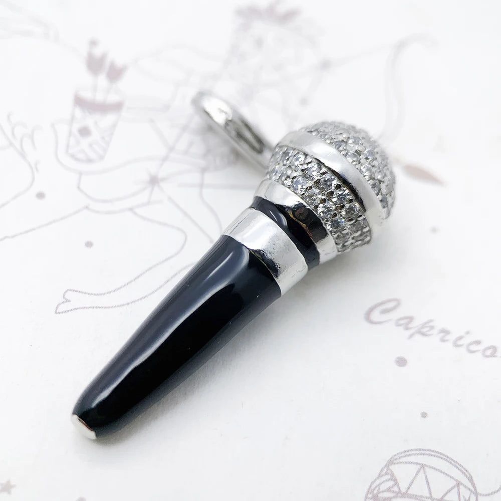 Mikrofon-Anhänger mit dunklem Tonstück und Zirkonia-Kopfring aus Sterlingsilber