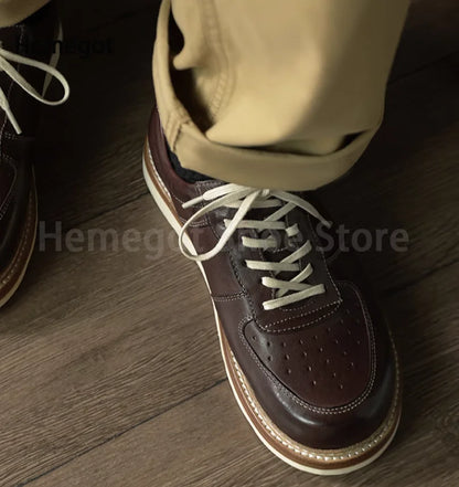 Round Toe Thick Soled Board Shoes Retro Genuine Leather Wear-Resistant Breathable Solid Color Casual Shoes Handmade Men's Shoes