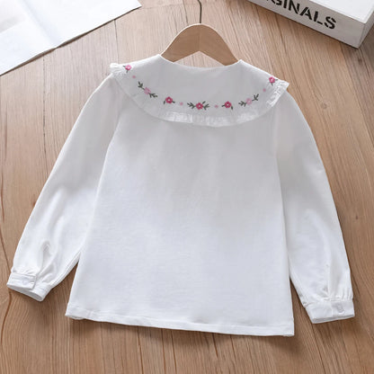 Mädchenhemd 2025, Frühling und Herbst, neue bestickte Bluse mit Blumenmuster und langen Ärmeln und Rüschenkragen, Kinderkleidung