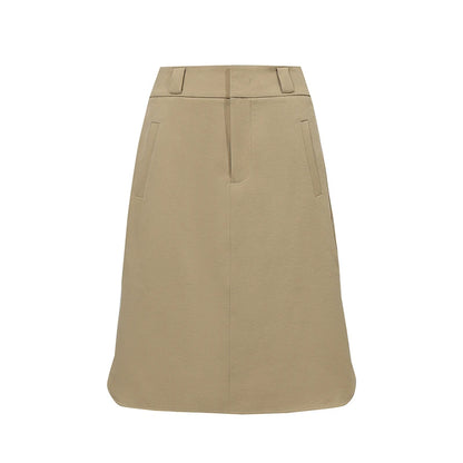 Khaki A-Linienrock im Vorderansicht, mit Seitenschlitz und Abnähern
