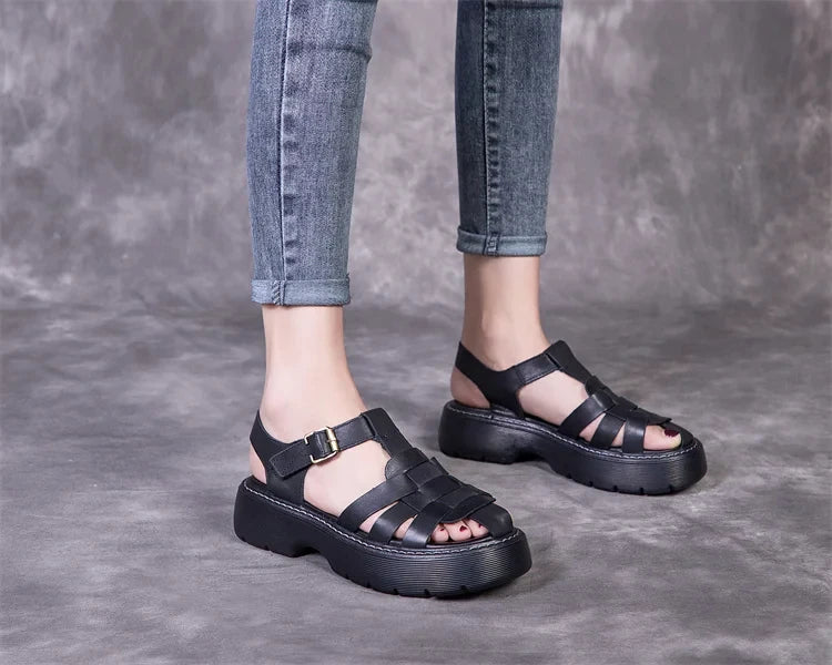 AIYUQI Sandalen Frauen Sommer 2025, Neue Echtes Leder Baotou Römischen Sandalen Damen Retro Hohl Gewebt Frauen Sandalen