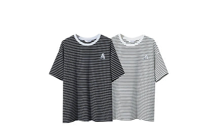 Damen T-Shirt aus reiner Baumwolle mit lässigem Streifenmuster und kurzen Ärmeln