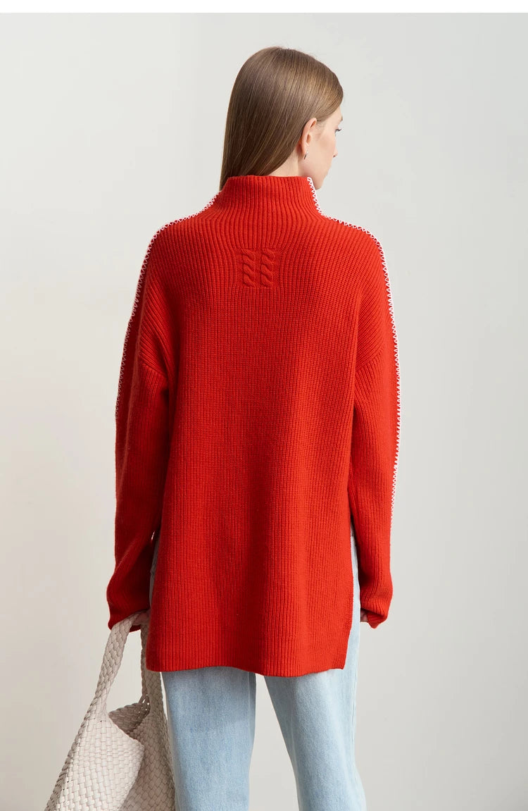 Damen-Rollkragenpullover Wolle Stickerei locker Weihnachten Winter