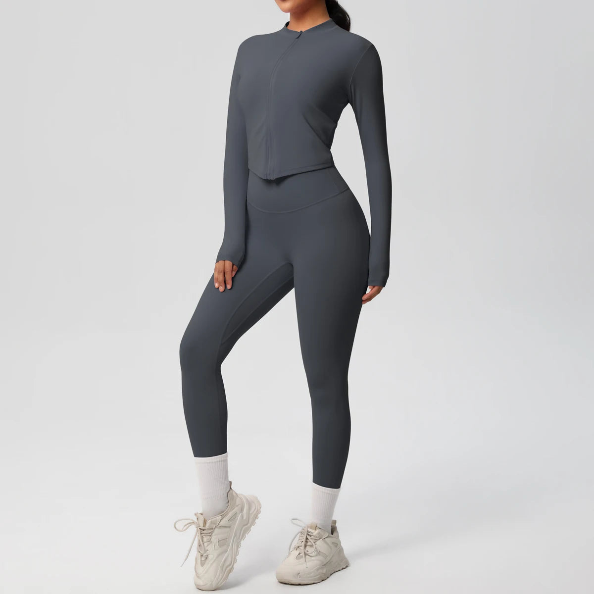 Zweiteiliger Damen-Yogaanzug, Slim Fit, langärmeliges Oberteil und Leggings in Graphitgrau