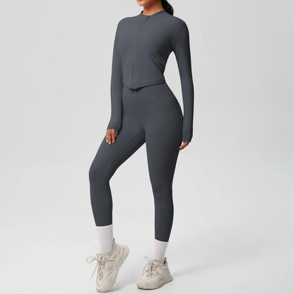 Zweiteiliger Damen-Yogaanzug, Slim Fit, langärmeliges Oberteil und Leggings in Graphitgrau