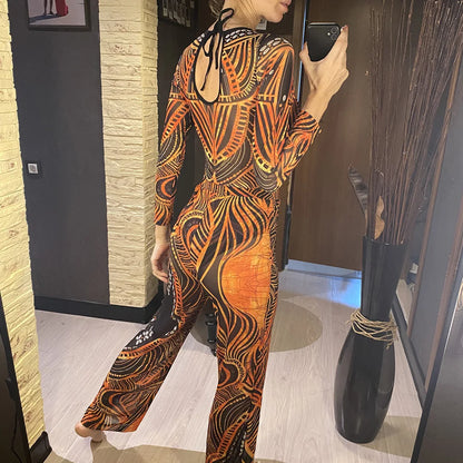 Damen-Badeanzug 3-teilig Print Langarm Sarong-Set gepolstert