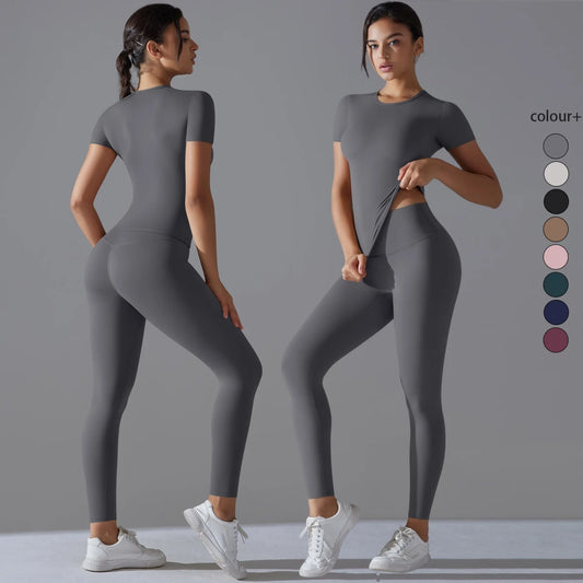 Yoga-Set für Damen, graues Sportshirt mit kurzen Ärmeln und grauen Leggings