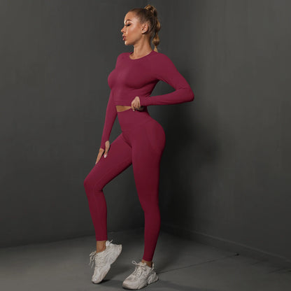 Nahtloses Yoga-Set mit Crop-Top und High-Waist-Leggings, dunkelrot