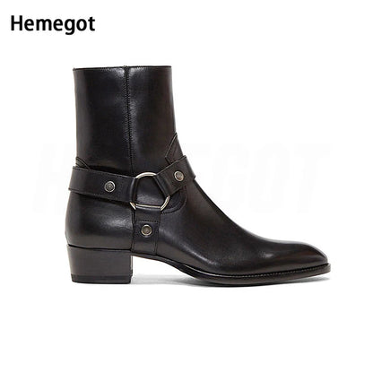 Chelsea-Boots mit seitlichem Reißverschluss, Schnallriemen und Blockabsatz, Glattleder schwarz